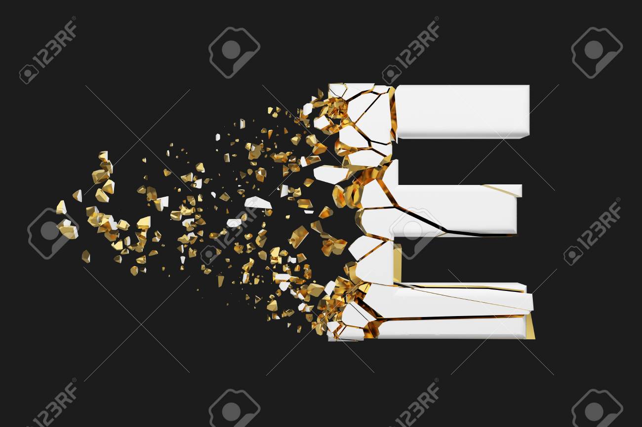 Broken Shattered Alphabet Letter E Uppercase Crushed White And Gold Font 3d Render Isolated On Grey Background Typographic Symbol From Cracked Debris Stock Photo Picture And Royalty Free Image Image