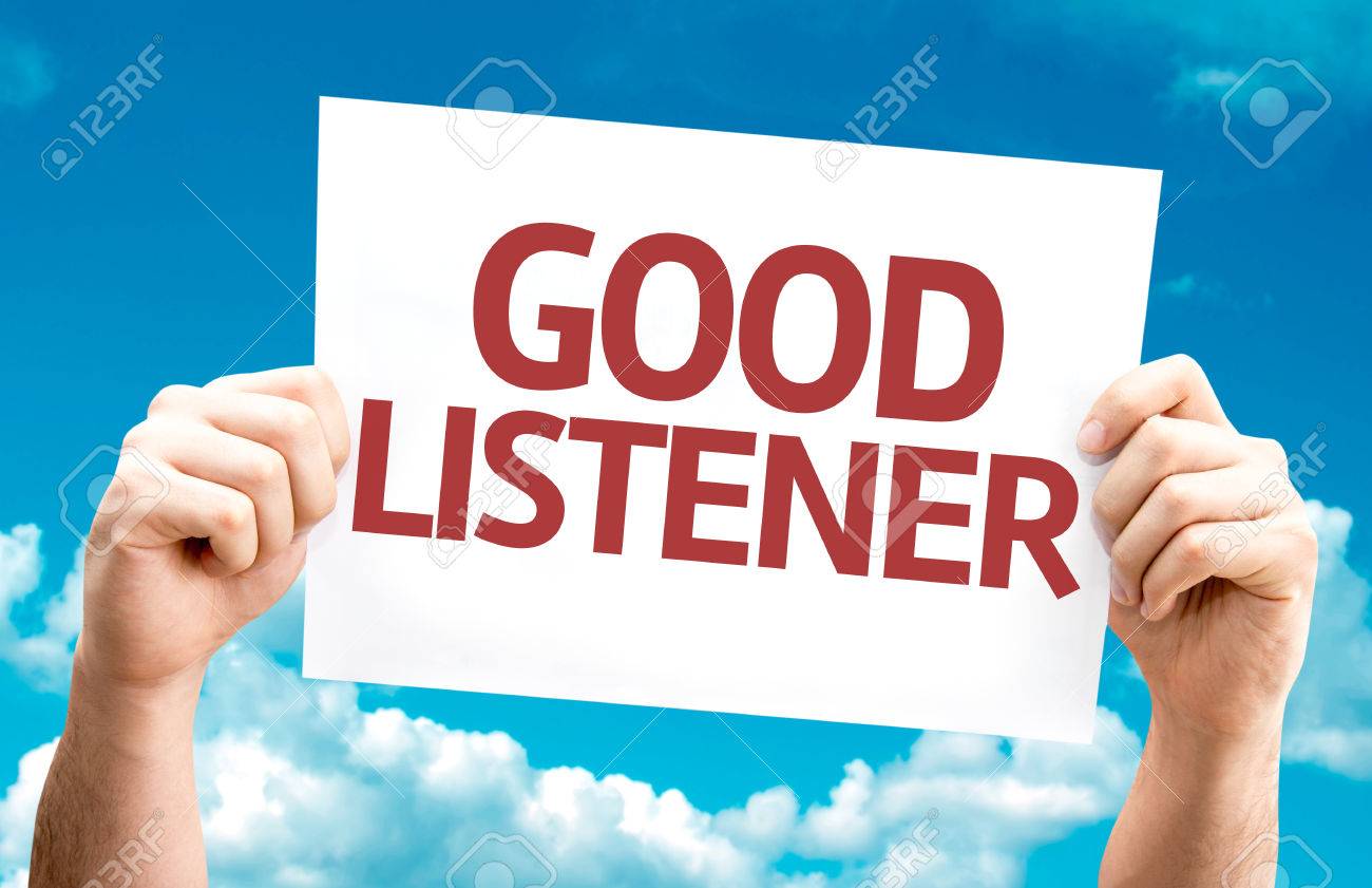 hands holding card with text good listener on sky background stock