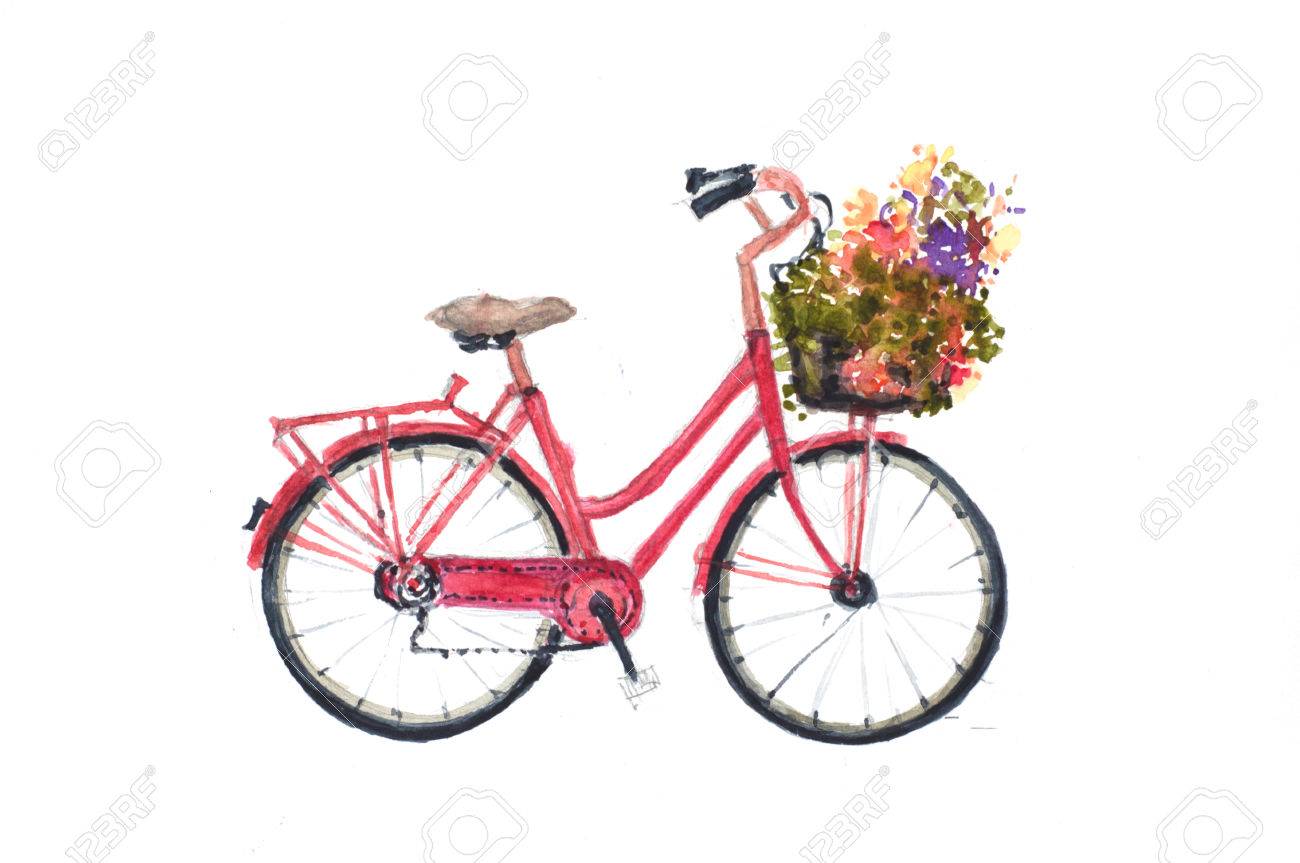 白の花を持つレトロな赤い自転車手描き水彩イラストレーター の写真 