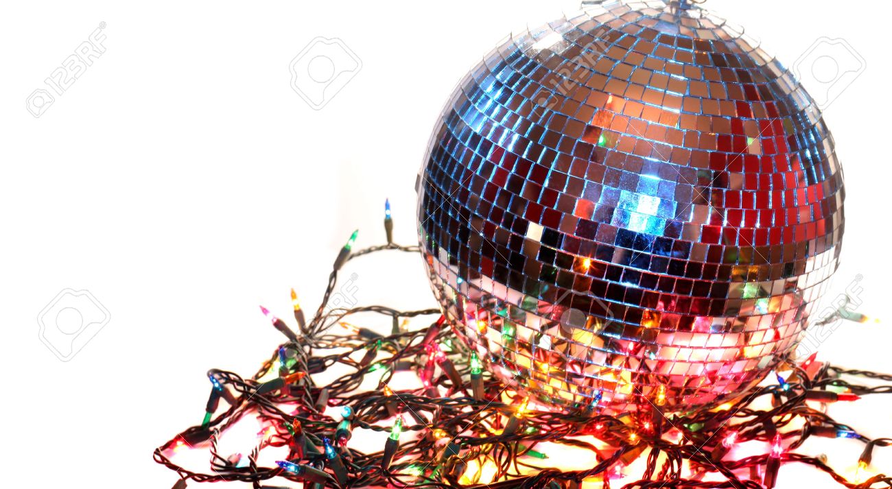 colorful disco ball on white background with christmas lights