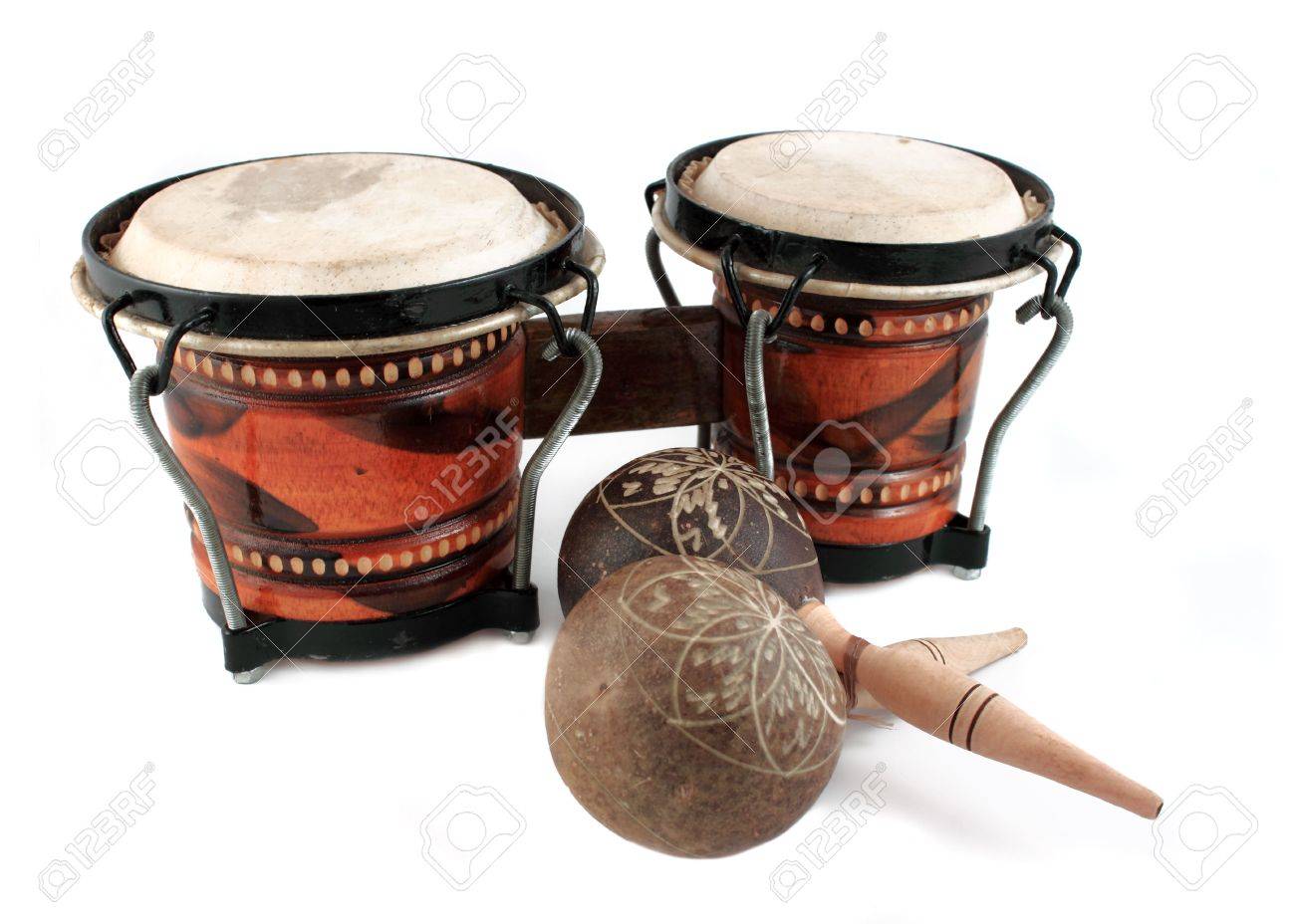 rhythm percussion instruments like maracas and bongo drums on