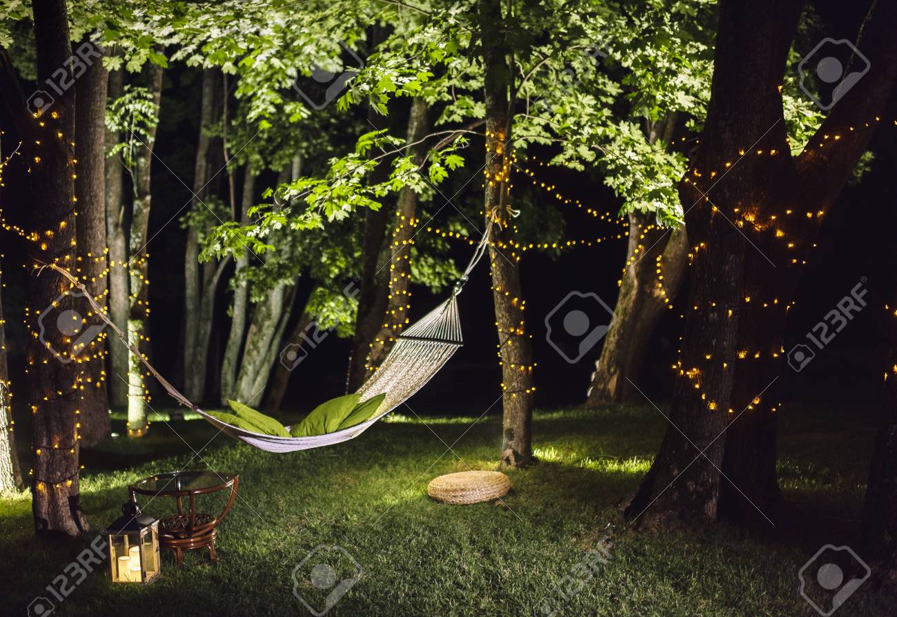 Hammock Weighs In The Forest At Night Forest Illuminated Garlands