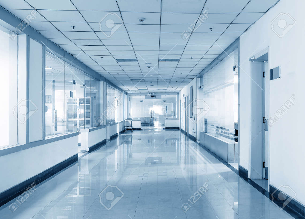blue tone of long corridor in hospital. - 42766916 blue tone of long corridor in hospital. - 42766916