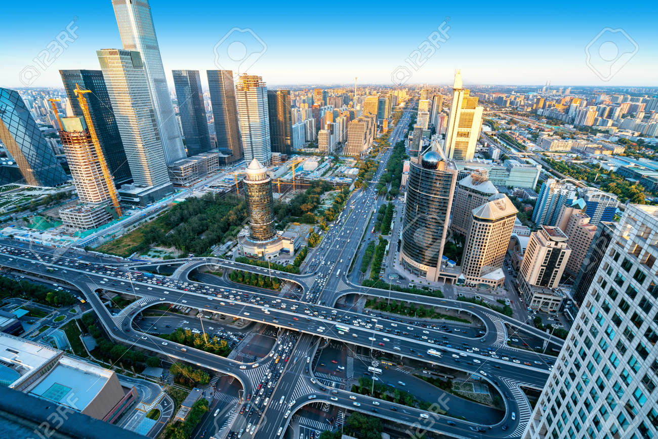 High-rise buildings and viaducts in the city's financial district, Beijing, China. - 109479386 High-rise buildings and viaducts in the city's financial district, Beijing, China. - 109479386