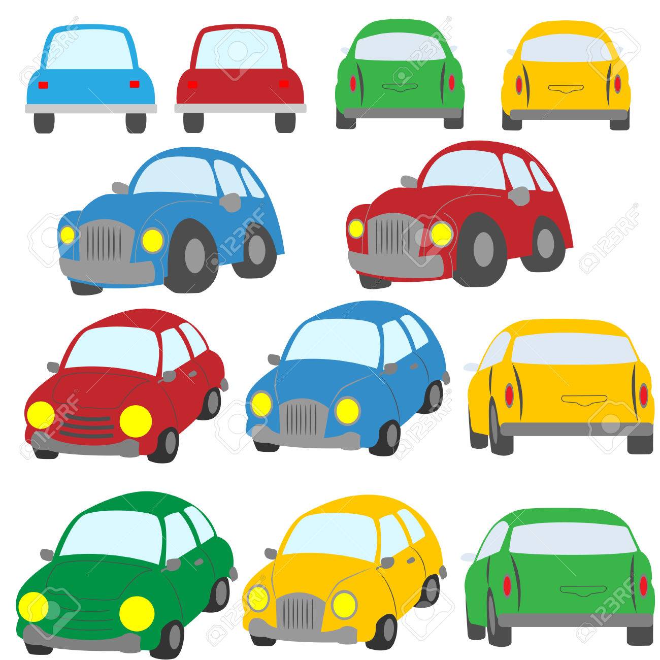 Ein Satz Bunte Autos Gemalt In Der Art Des Spielzeugs Auf Ein Satz Von Vier Autos Gemalt In Den Verschiedenen Farben