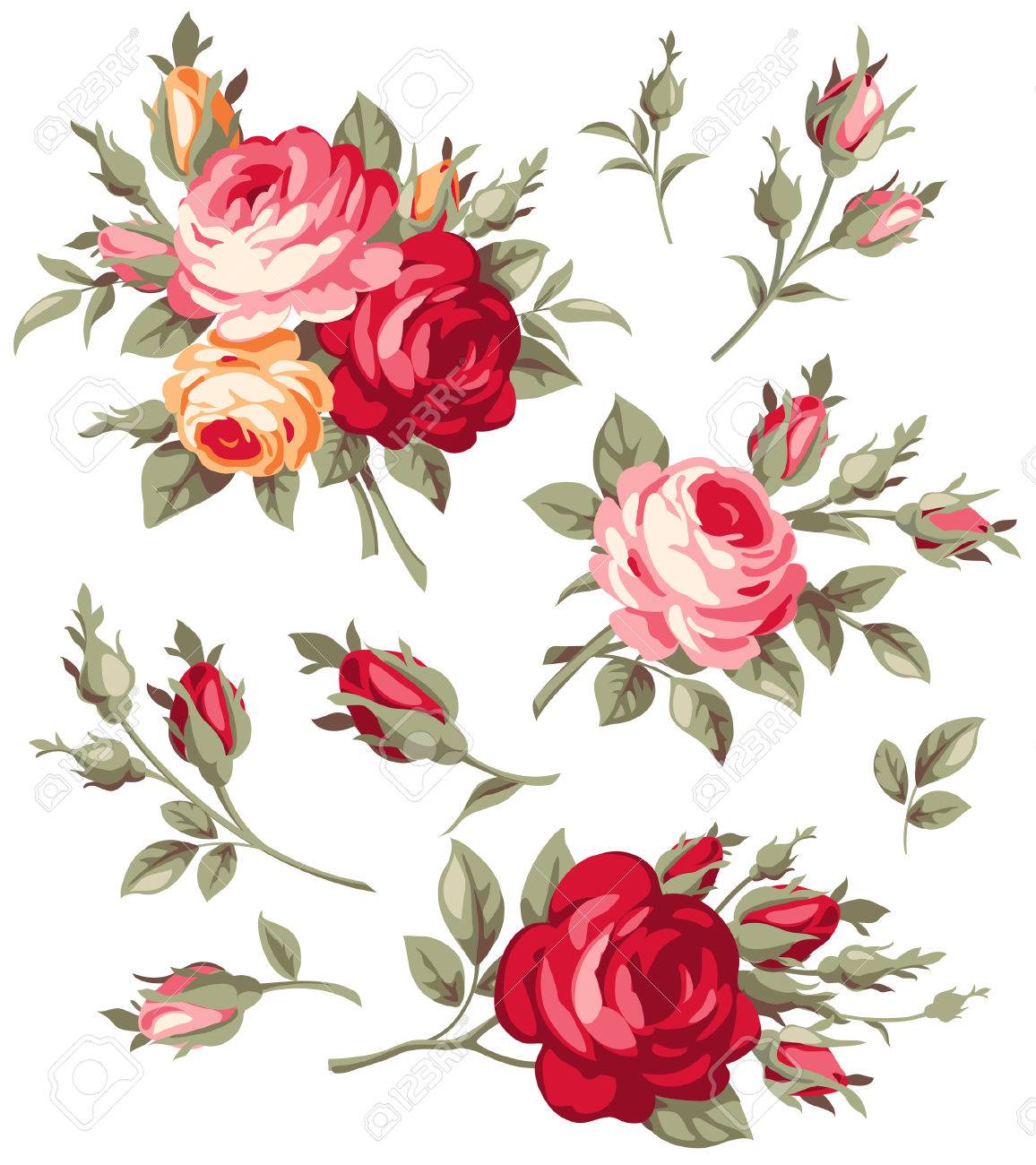 Decorative vintage rose and bud. Vector blooming flowers set for your design - 67955553 Decorative vintage rose and bud. Vector blooming flowers set for your design - 67955553