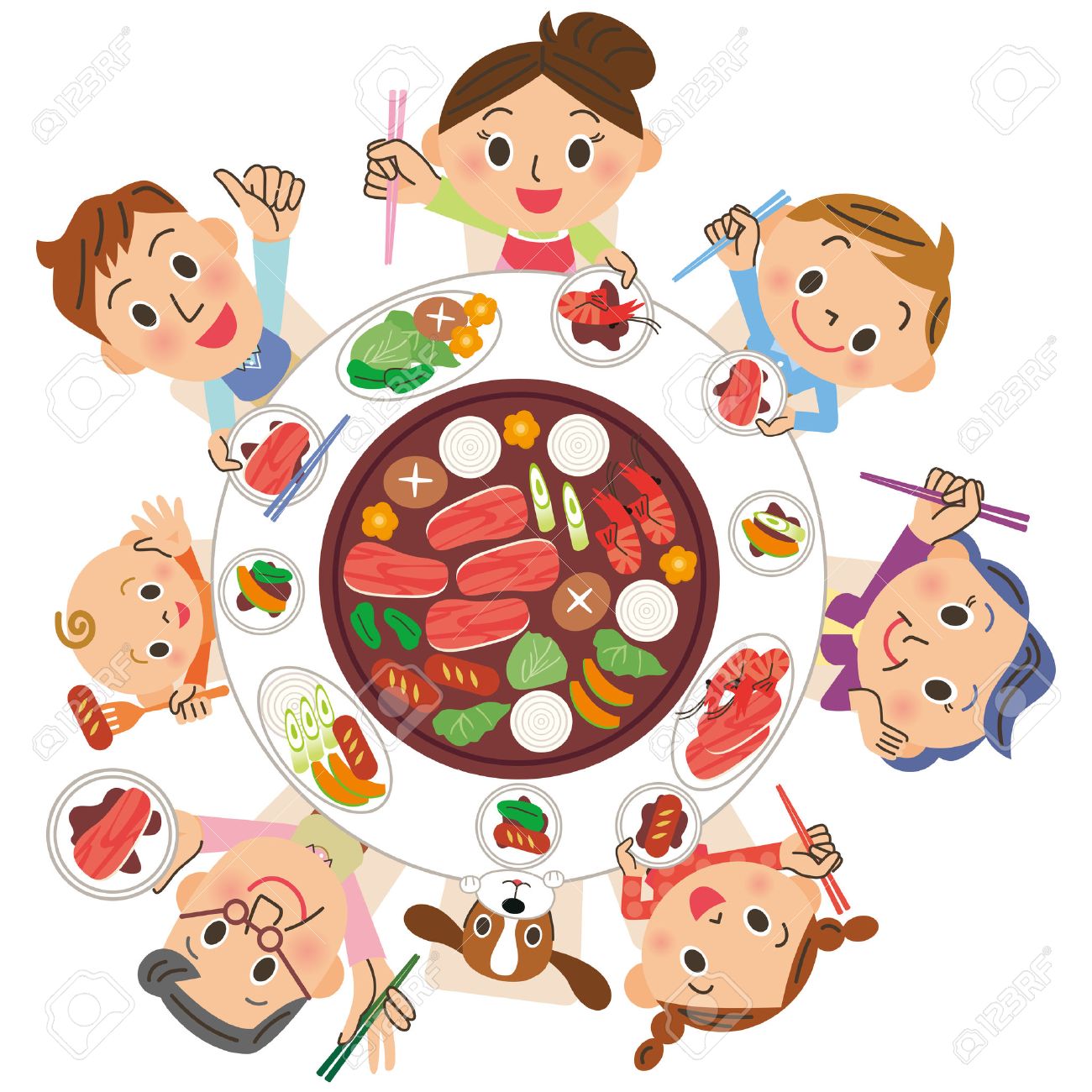 Famille De Trois Generations Qui Mange De La Viande Grillee Clip Art Libres De Droits Vecteurs Et Illustration Image