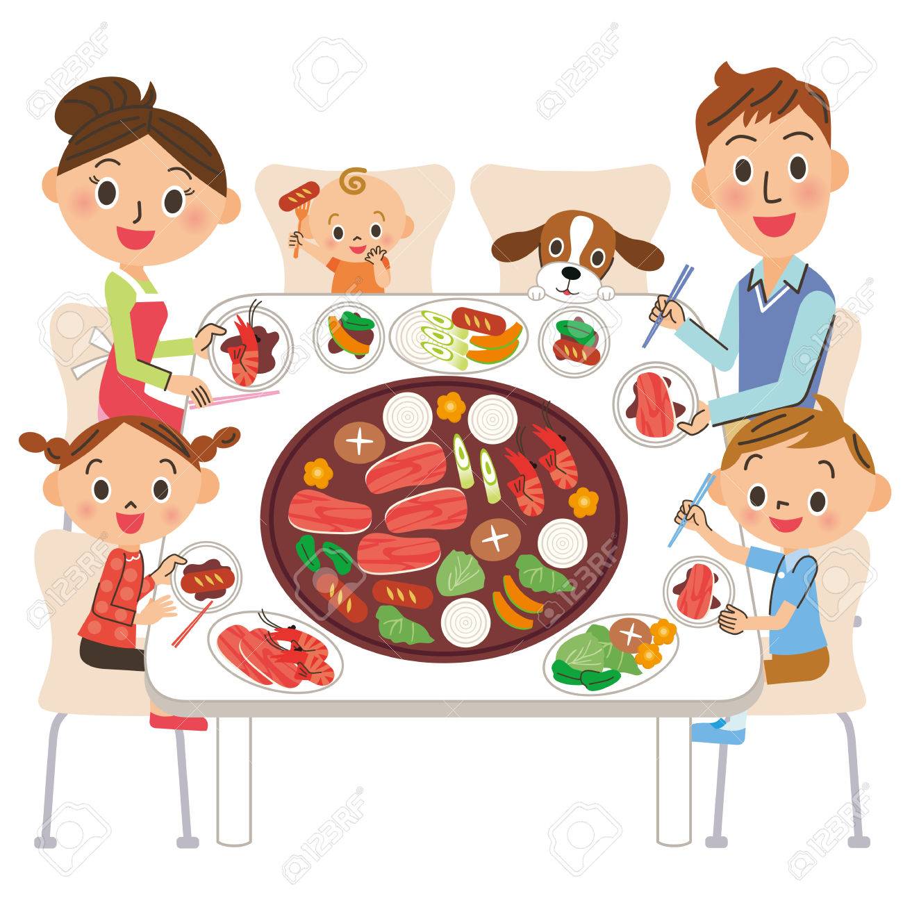 Famille Qui Mange De La Viande Grillee Clip Art Libres De Droits Vecteurs Et Illustration Image