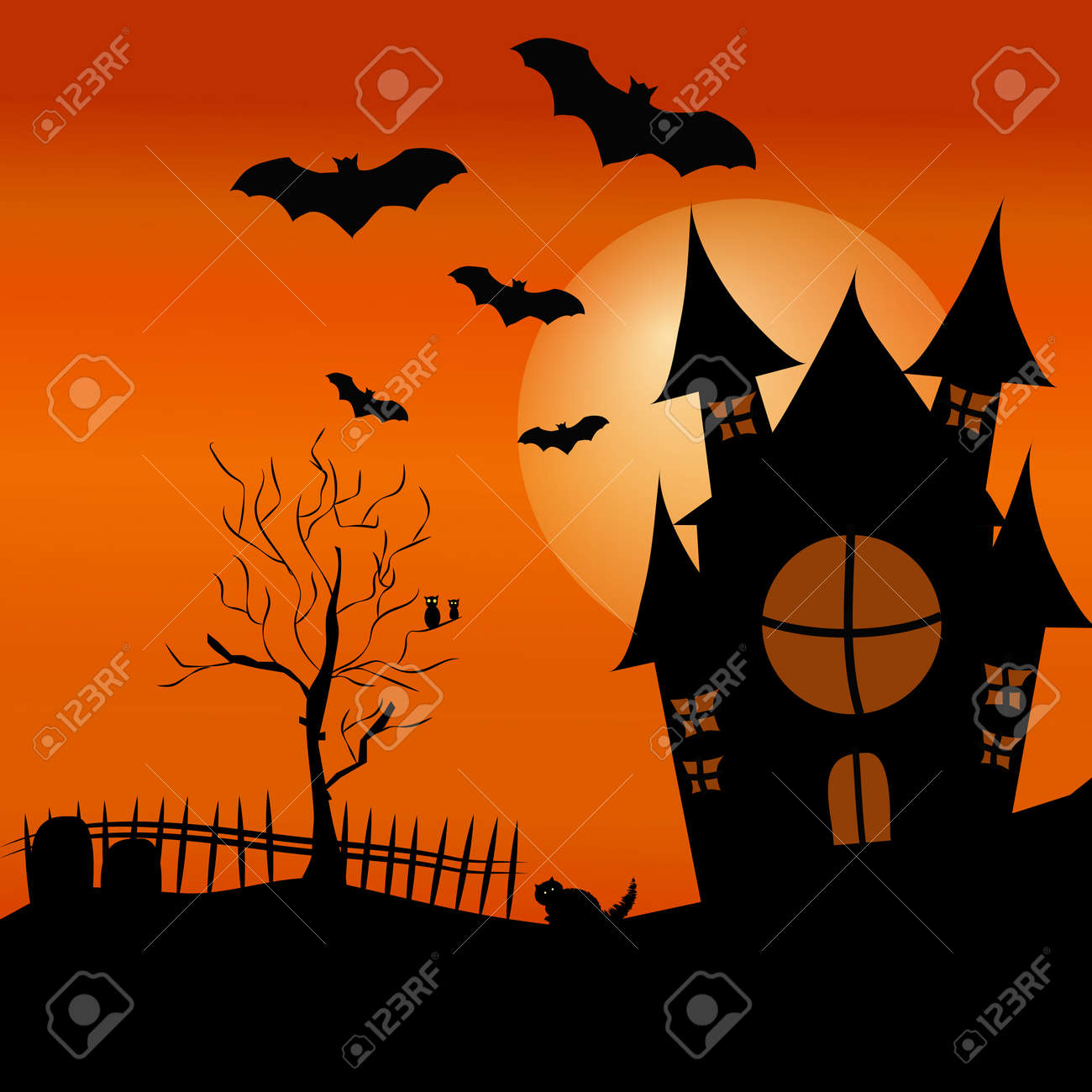 halloween poster template with house tree bat spider cat
