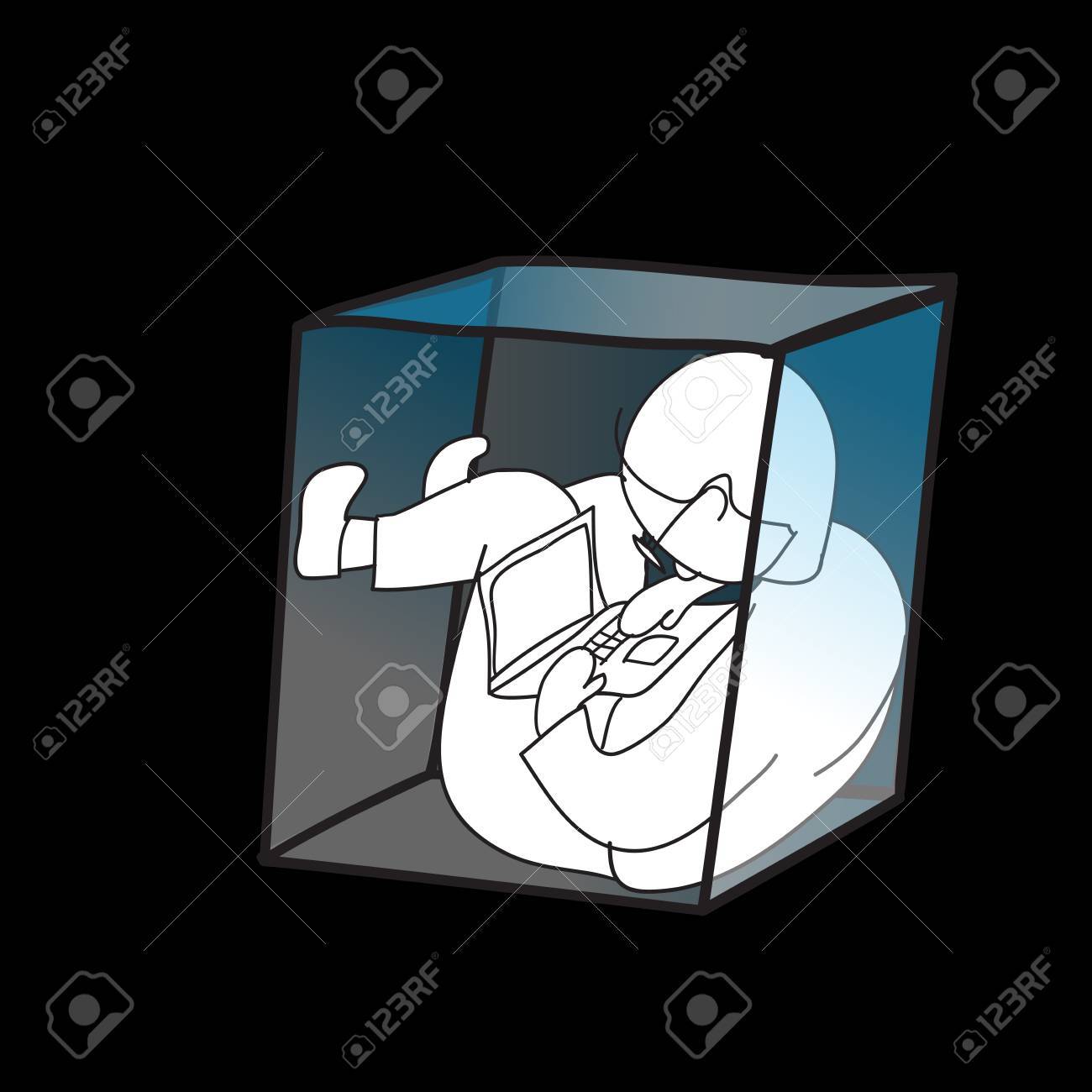 男の小さなボックスで 狭い空間のコンセプトワーク フォワ Nawaday 生活でノート パソコンを使用しての作業 のイラスト素材 ベクタ Image