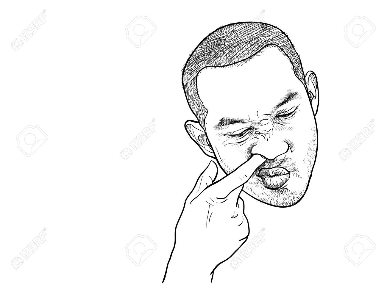 アジア人の男性が白い背景の変な顔と鼻をほじりの図面 のイラスト素材 ベクタ Image