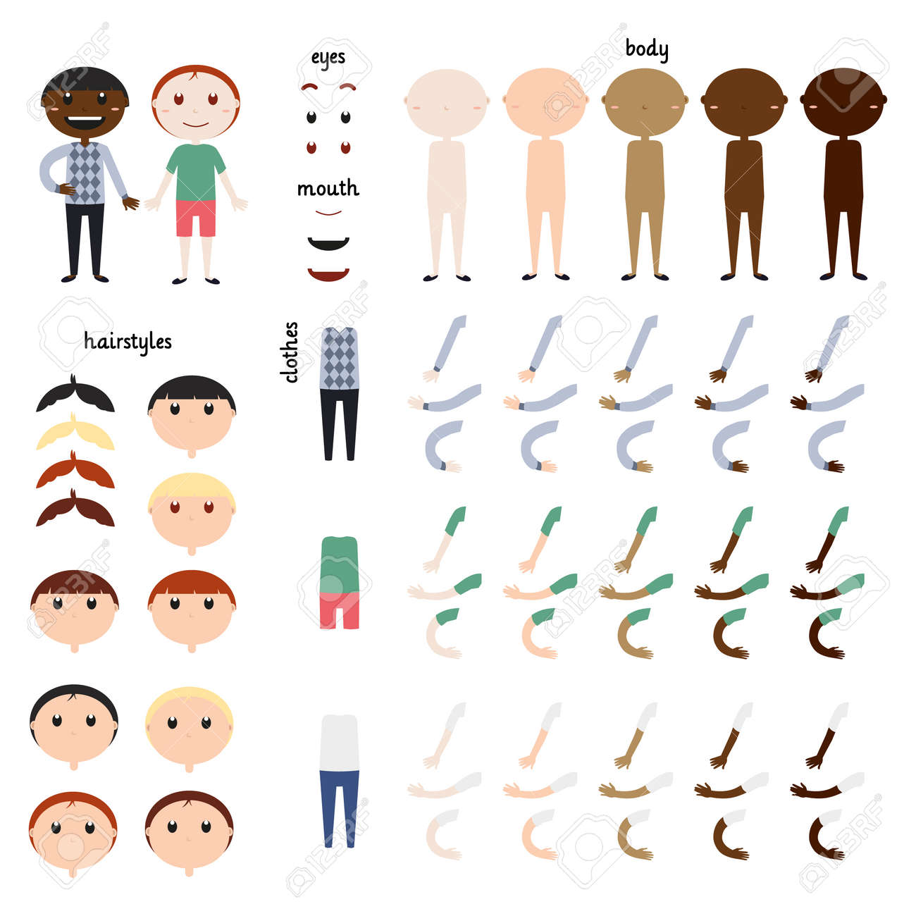boy parts of body template for design work face and body elements