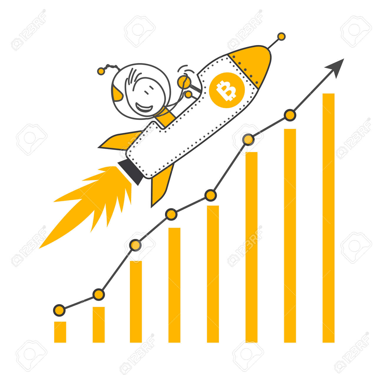 비트코인 가격 상승 개념 증권 거래소 비즈니스 금융 투자 상승 가격 및 가치 은유로 로켓을 타고 날아다니는 사업가 비트코인 우주선 비행  로열티 무료 사진, 그림, 이미지 그리고 스톡포토그래피. Image 186922683