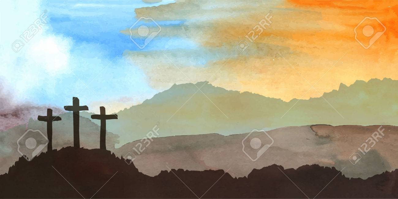 Watercolor vector illustration. Hand drawn Easter scene with cross. Jesus Christ. Crucifixion. - 52163047 Watercolor vector illustration. Hand drawn Easter scene with cross. Jesus Christ. Crucifixion. - 52163047