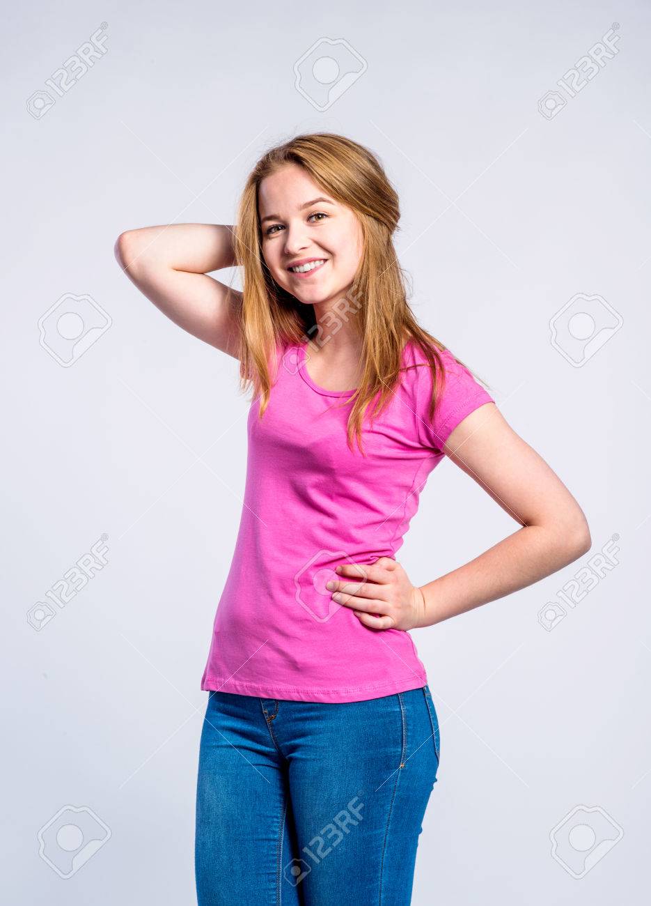 pink t shirt and jeans
