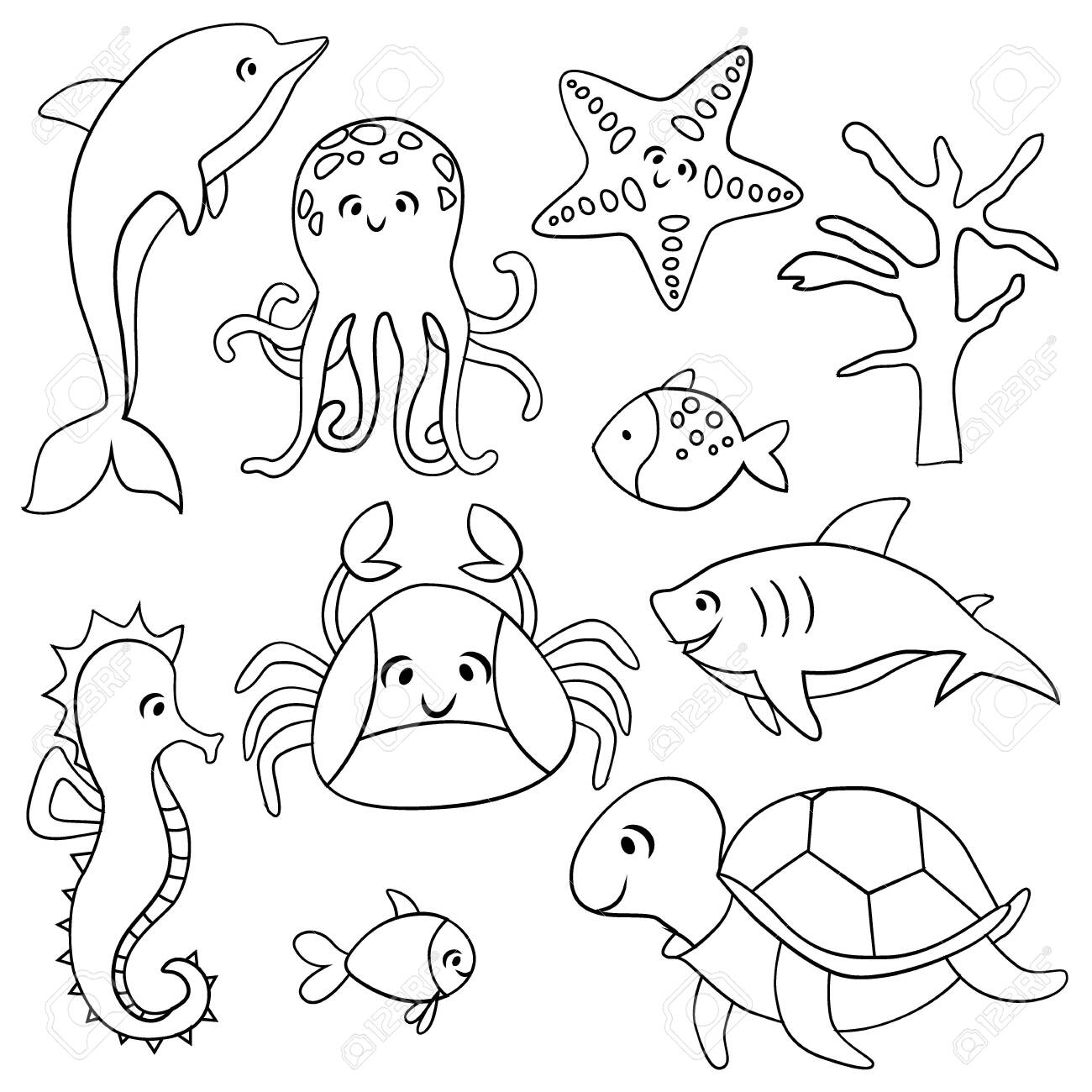 Silhouettes of sea life outline isolated on white background. Vector Hand  drawn illustrations of engraved line. Collection of sketches jellyfish,  fish, seaweed, seashells 7943319 Vector Art at Vecteezy