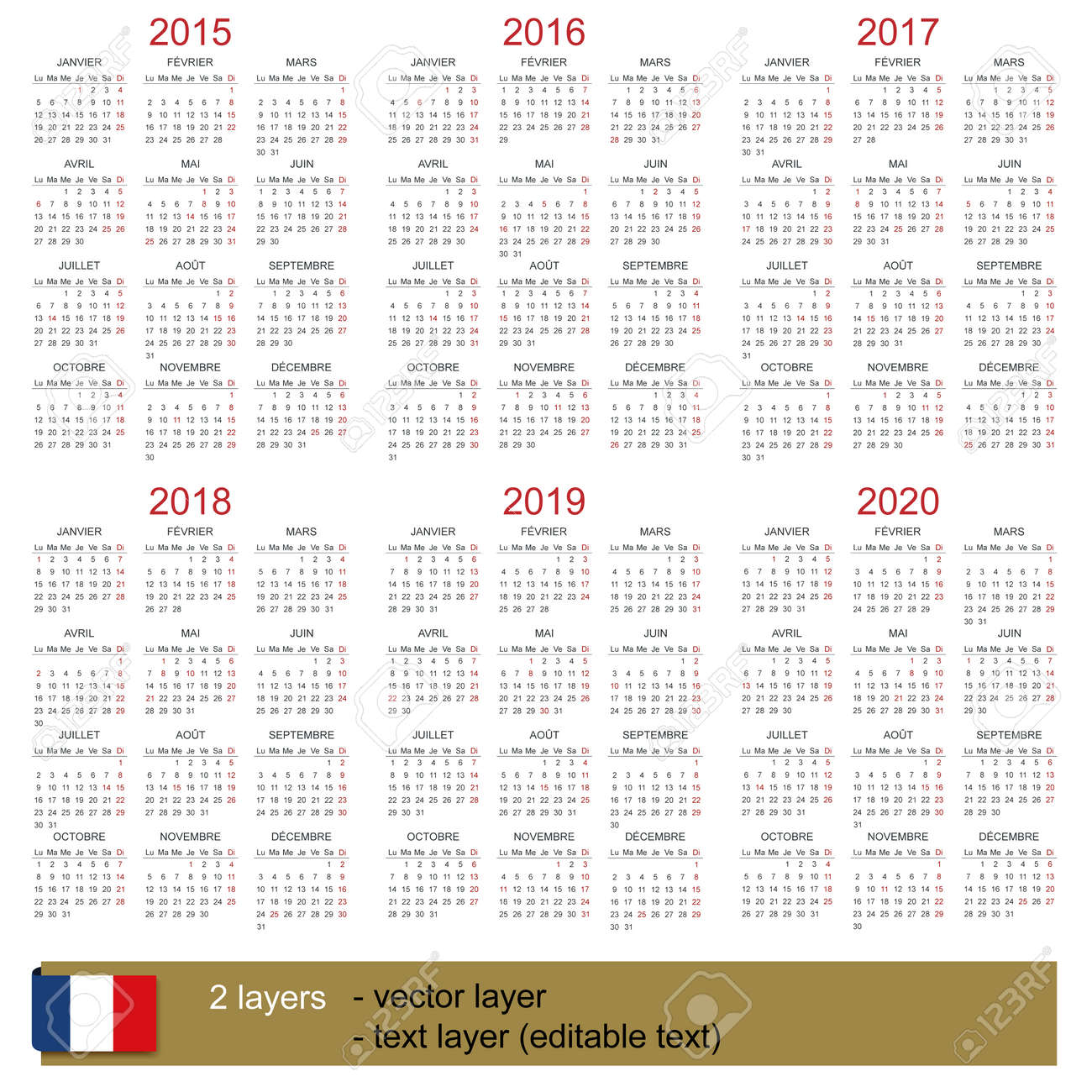 french calendar for years 2015 2020 week starts on monday 2015 2020 calendar