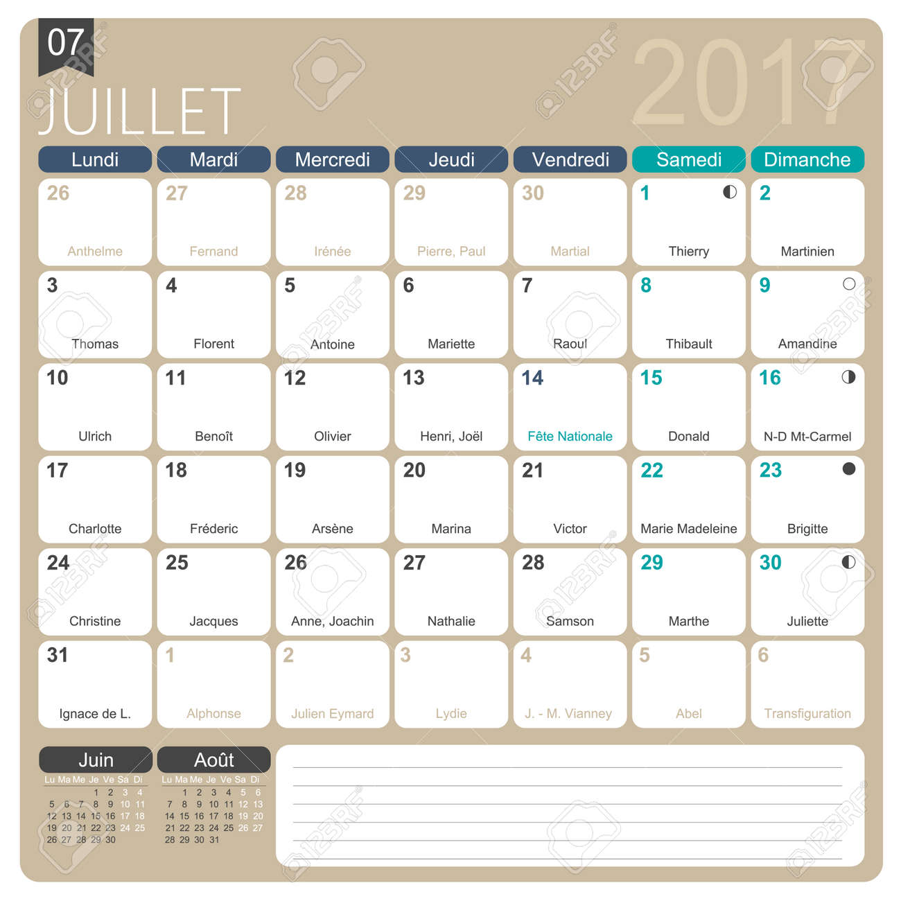 17 年 7 月 フランス印刷用カレンダー テンプレート 名日 月の段階および公式の休日を含みます のイラスト素材 ベクタ Image