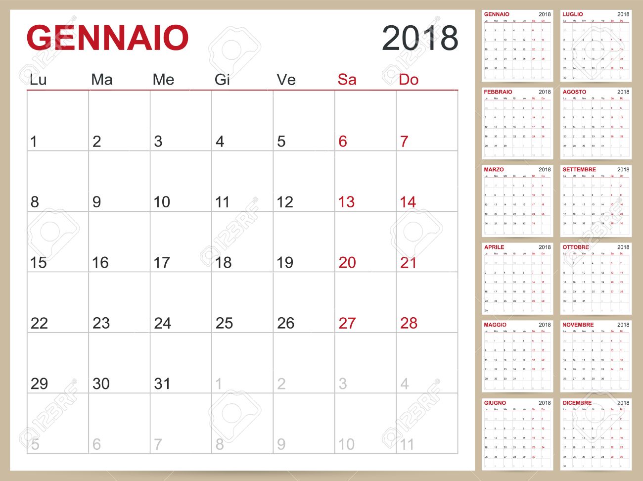 italian calendar template for year 2018 set of 12 months week