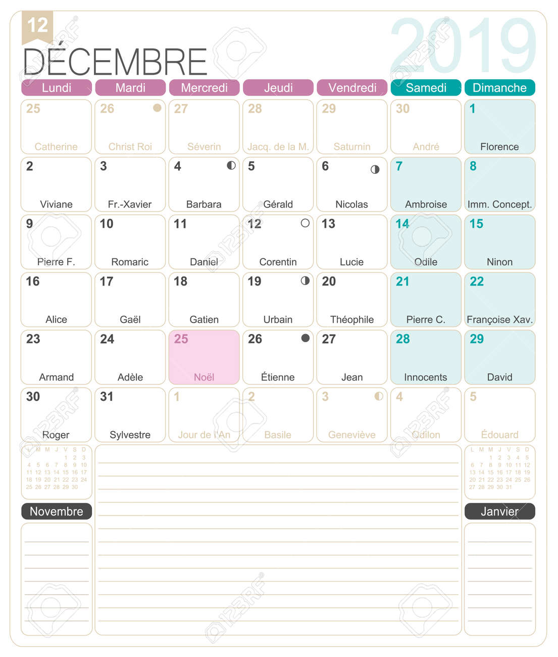 French calendar 2019 / December 2019, French printable regular monthly.. image relating to Printable Monthly Calendar December named French calendar 2019 / December 2019, French printable every month..