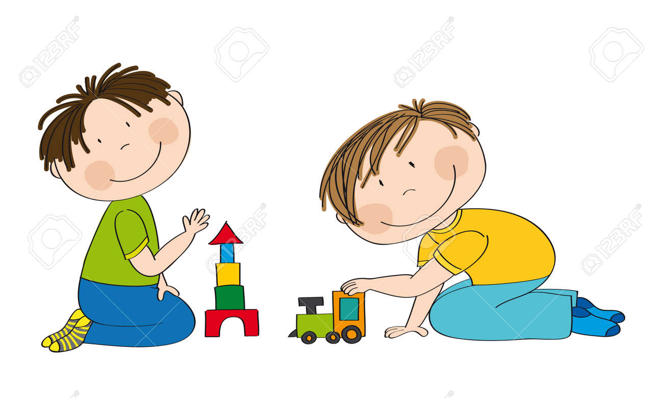 幸せな就学前の子供たち。2人の小さな男の子が床にひざまずき、1人はレンガを作り、もう1人はチューチュートレインで遊んでいます。○オリジナル手描きイラスト 。のイラスト素材・ベクター Image 121823063