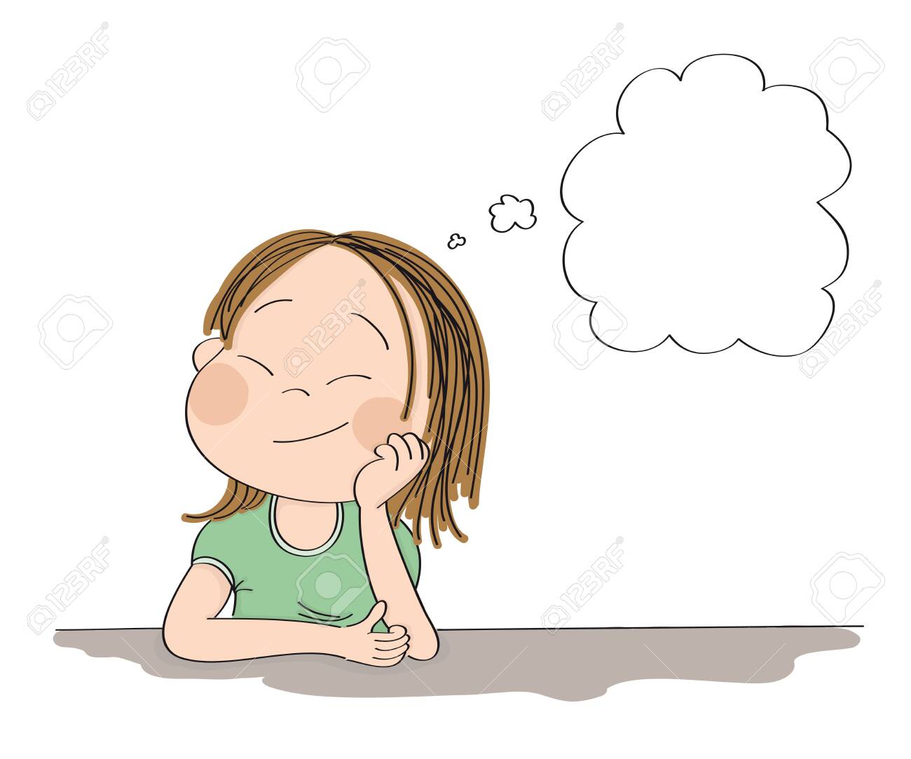 Small Cute Girl Daydreaming, Imagining Something. Original Hand Drawn  Illustration With Copy Space For Your Text. Клипарты, SVG, векторы, и Набор  Иллюстраций Без Оплаты Отчислений. Image 124385818