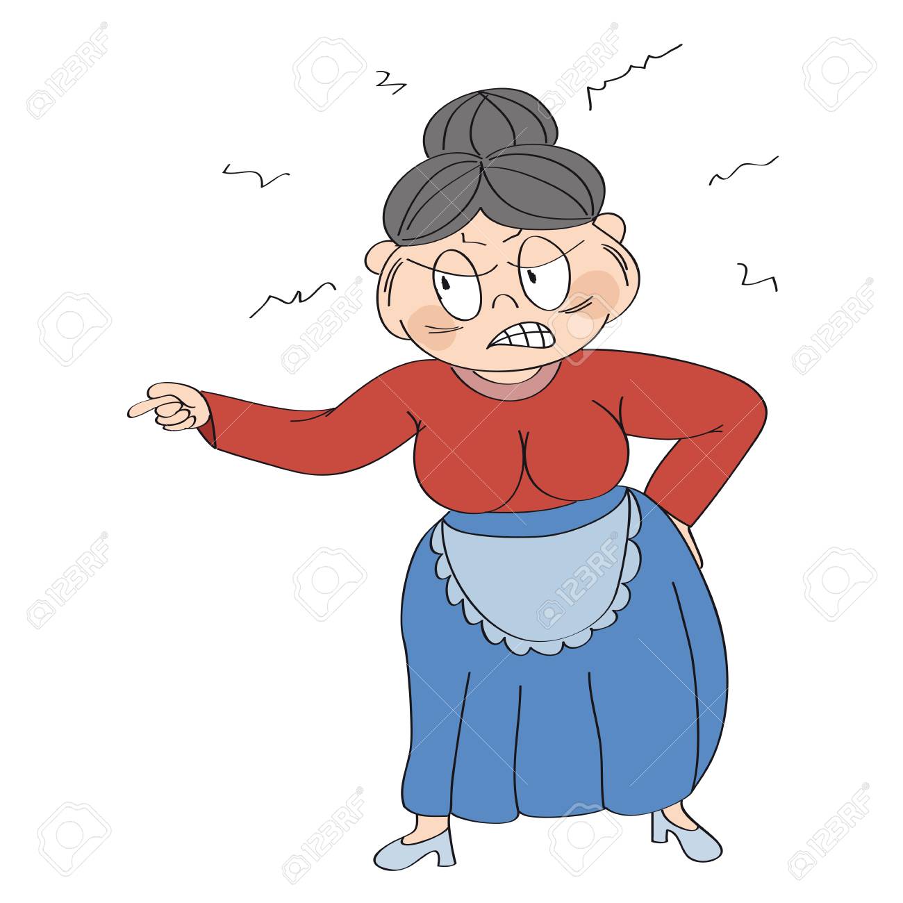 Old lady, granny, angry and furious, yelling and pointing her finger. 