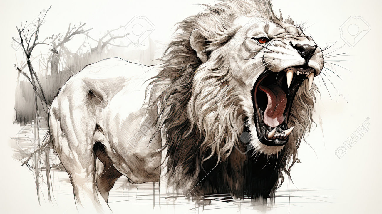 Premium AI Image A lion roars with his mouth open.
