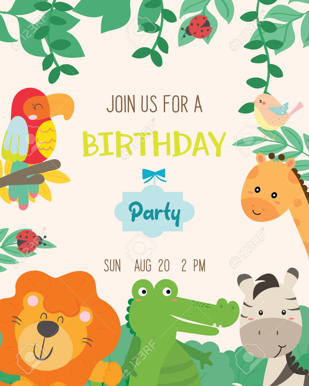 Cute animal theme birthday party invitation card vector illustration. - 107667196 Cute animal theme birthday party invitation card vector illustration. - 107667196