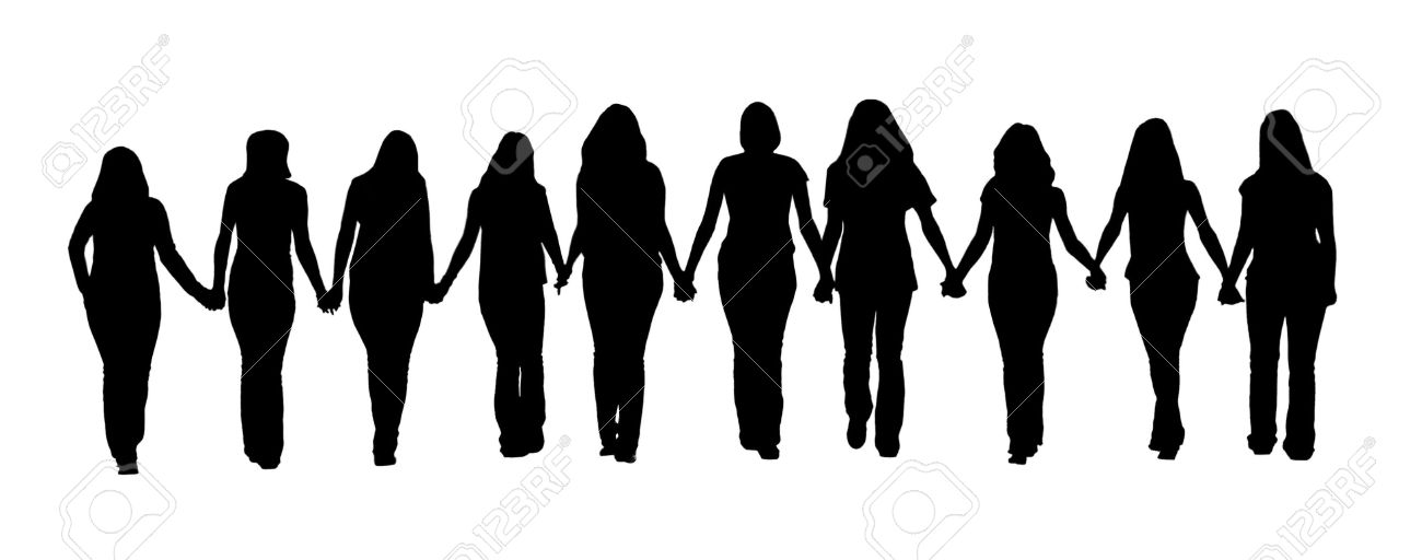 Silhouette Of Ten Young Women, Walking Hand In Hand. Stock Photo - 1300x512 - jpeg Women Holding Hands