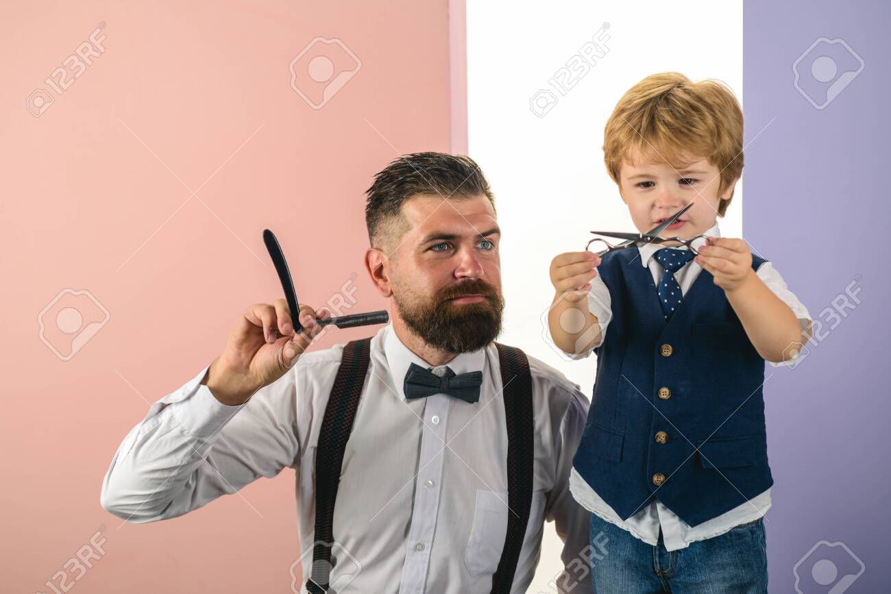 Family Business. Bearded Man. Barber Shop Studios. Professional  Hairstylist. Hairdressers Work For A Handsome Guy At The Barber Shop. Hair  Stylist And Barber. Barber Scissors. Son And Father. Stock Photo, Picture  and, image size:1300x867