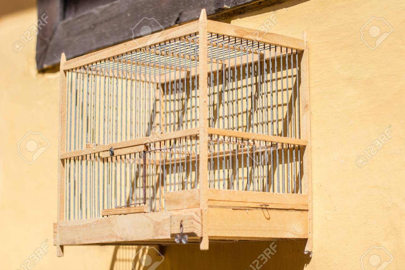 Cage Doiseaux En Bois Vide Accroché Au Mur Jaune