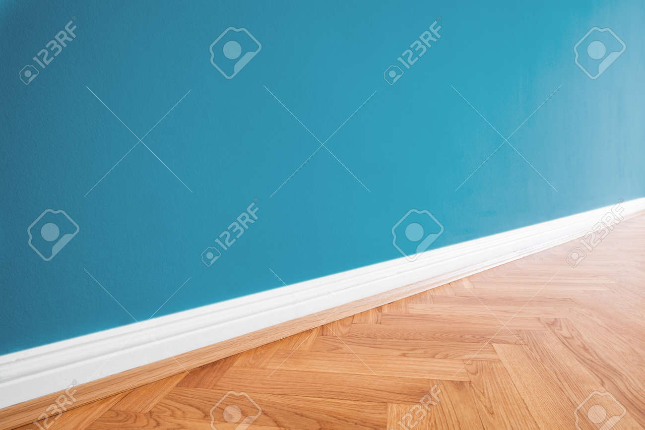 Primed Wall Blue Painted And Wooden Parquet Floor Renovation