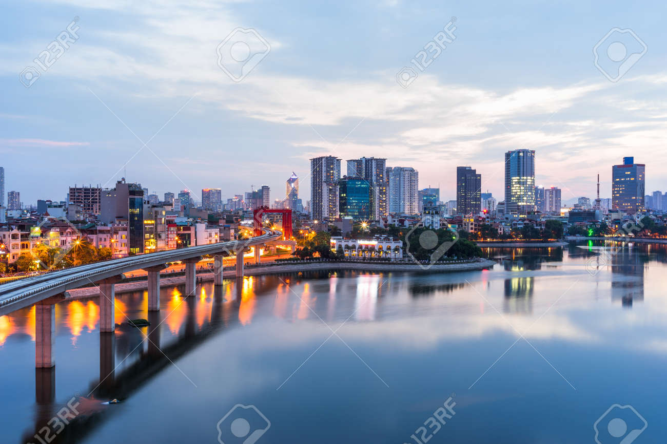 aerial skyline view of hanoi hanoi cityscape at twilight stock