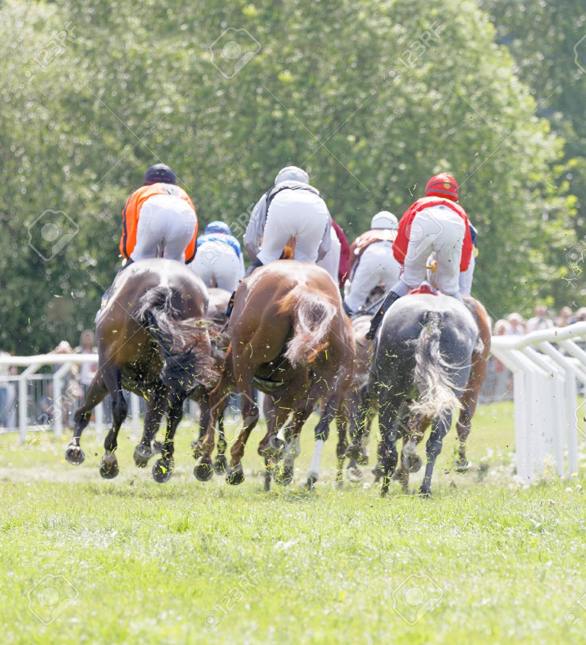 ストックホルム スウェーデン 17 年 6 月 6 日 Gardet の Nationaldags Galoppen で曲線で競走馬 に乗る騎手の後姿 17 年 6 月 6 日 ストックホルム スウェーデン の写真素材 画像素材 Image