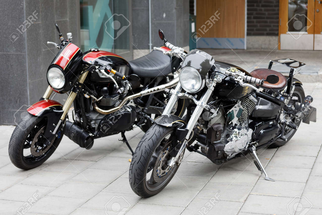 Stockholm Sweden Sept 02 2017 Two Parked Black Retro Motorcycles Stock Photo Picture And Royalty Free Image Image 87317868