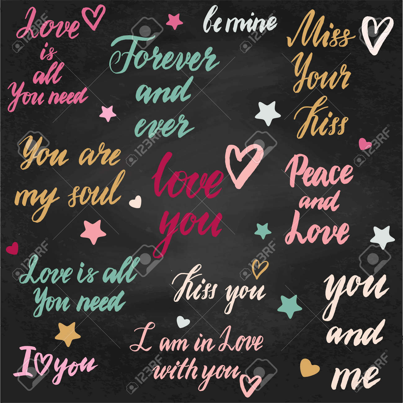 幸せなバレンタインデーの汚い手書き文字を設定します 書道手の描かれたカード のイラスト素材 ベクタ Image