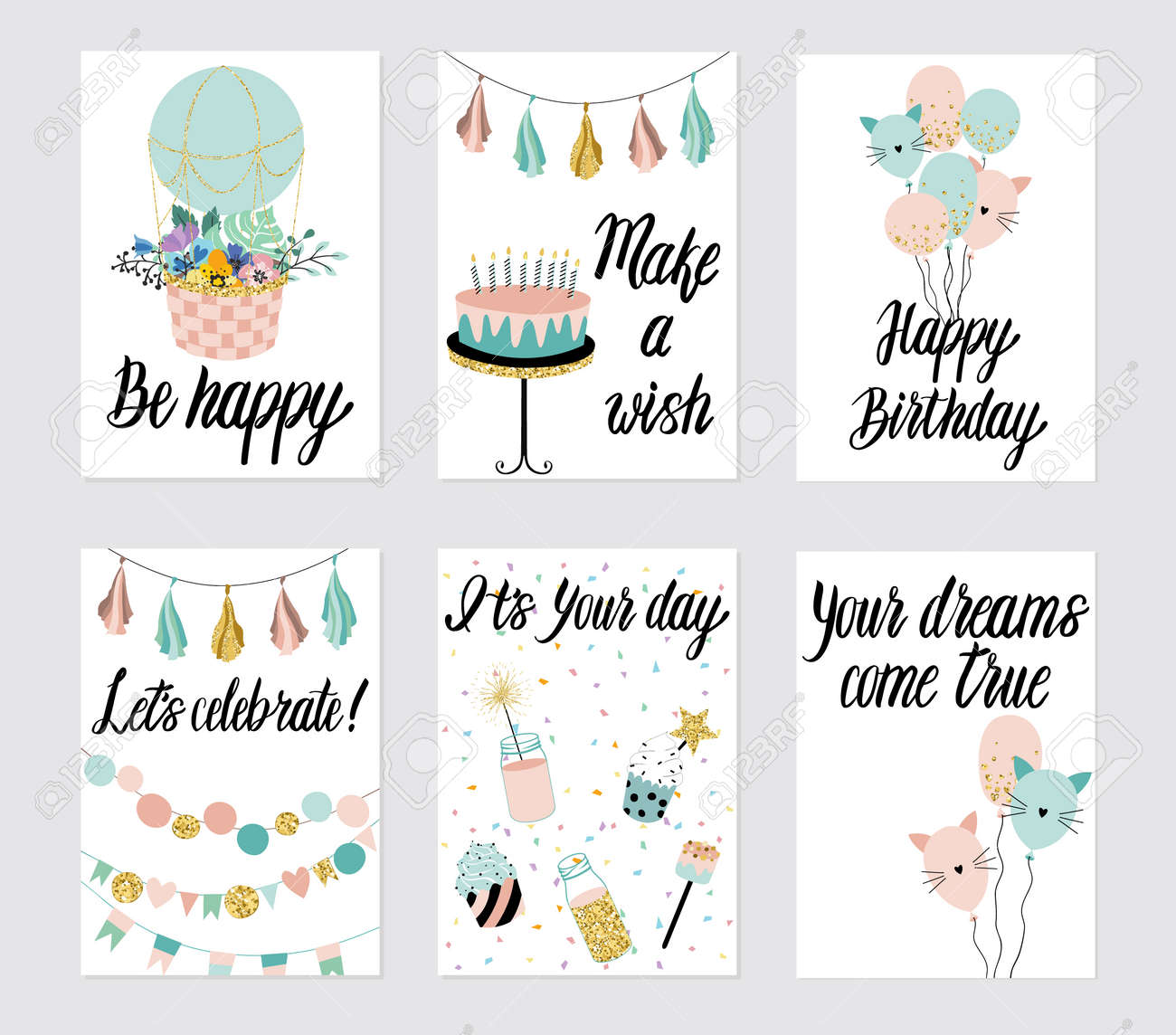 幸せな誕生日カードは ケーキ カップケーキ トッパー キャンドル 文字テキストと設定します ベクトルは手描き下ろしイラストです のイラスト素材 ベクタ Image