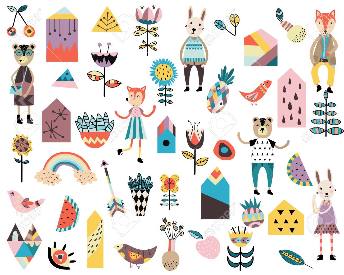 かわいいスカンジナビアスタイルの要素と動物のセット 手描きベクトルイラスト のイラスト素材 ベクタ Image