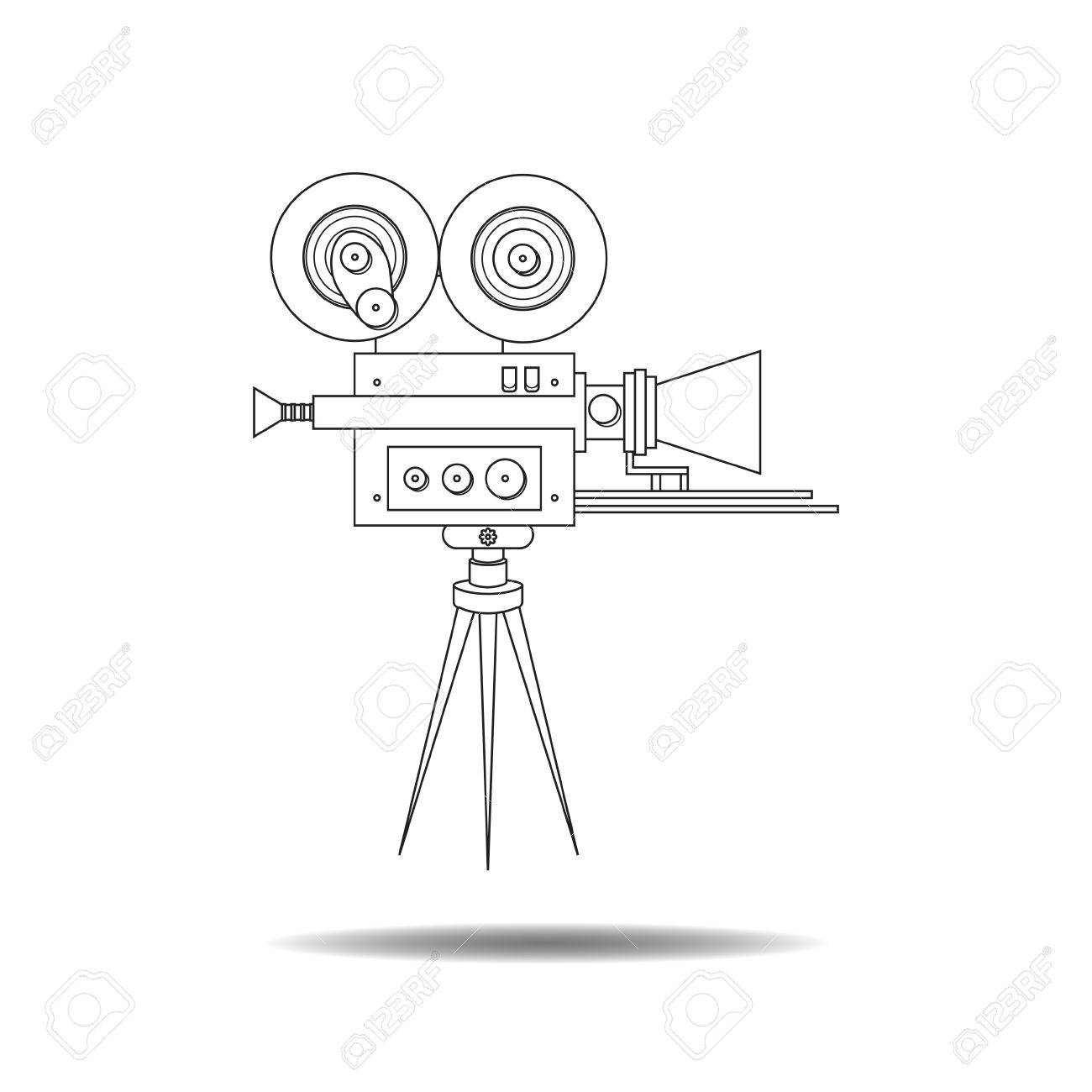 ライン アート詳細プロのレトロな映画フィルム カメラ ヴィンテージ映画 テキストのポスター カード チラシやバナーのテンプレートです 白で隔離 ビデオ レコーダー ベクトルの図 のイラスト素材 ベクタ Image