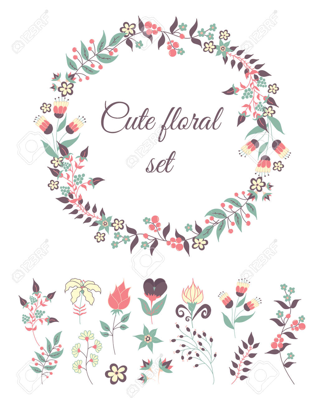 set of cute doodle flowers and wreath for decoration or cards invitation postcards