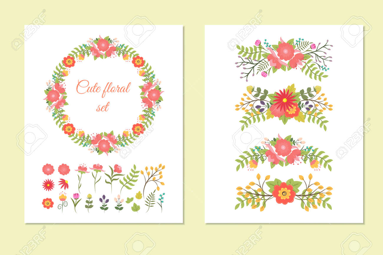 set of cute doodle wreath borders design elements flowers and