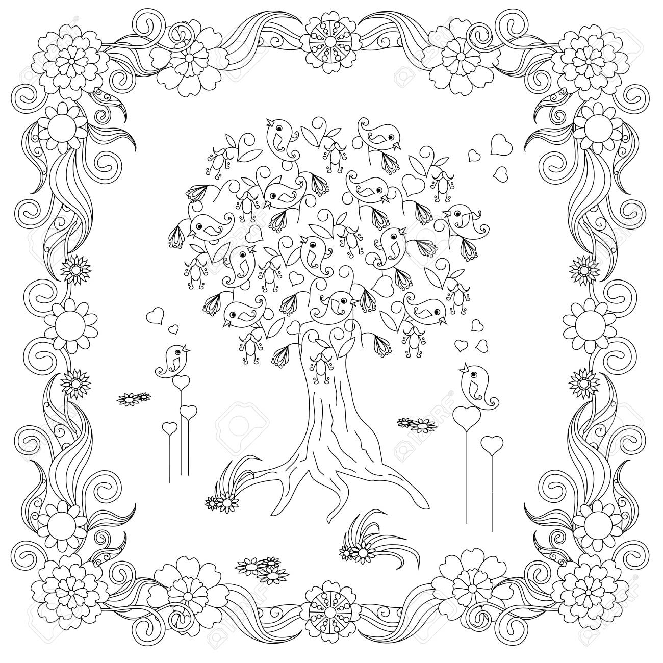 Zentangle Style Tree With Loving Bird, Hearts In Flower Frame ...