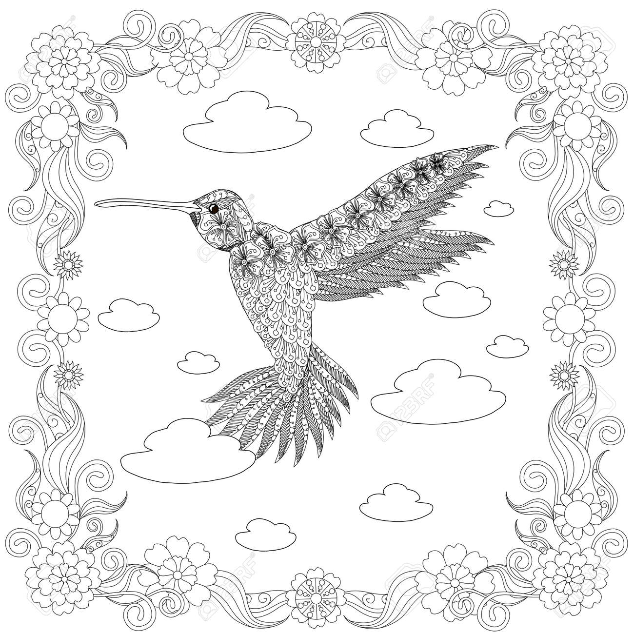 Zentangle Style Hummingbird In Flower Frame Monochrome Sketch