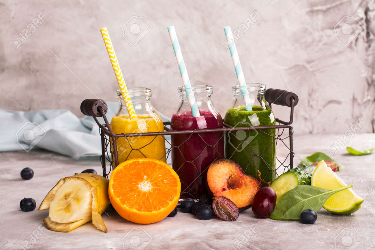 Fresh multiflavored color smoothie. Toned image. Selective focus - 60524042 Fresh multiflavored color smoothie. Toned image. Selective focus - 60524042