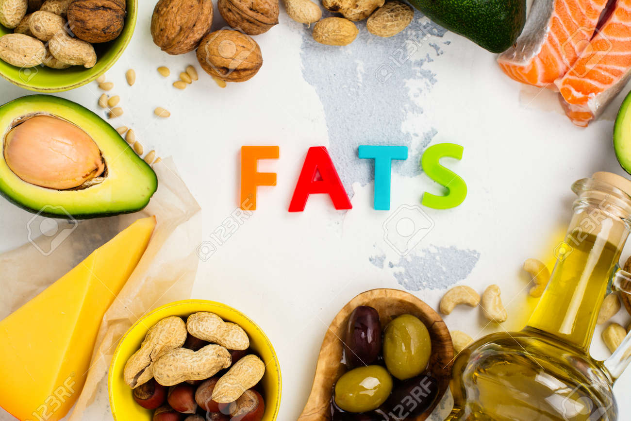 Unsaturated fats. Sources of fats good for health. Top view - 77407254 Unsaturated fats. Sources of fats good for health. Top view - 77407254