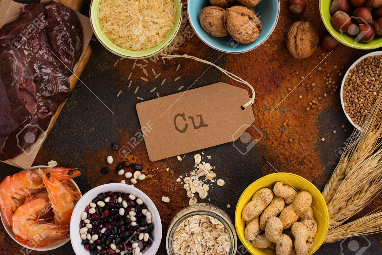 Food rich of copper (Cu). Healthy diet for high hemoglobin, against varicose and anemia. Top view - 77407798 Food rich of copper (Cu). Healthy diet for high hemoglobin, against varicose and anemia. Top view - 77407798