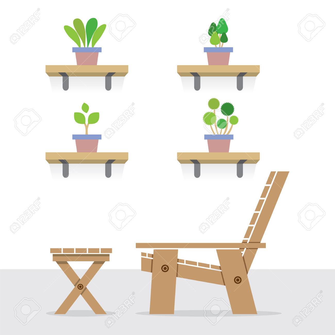 wooden chair side view school house pot plants on shelves with side view of wooden garden chair and table vector illustration stock wooden chair side view school house pot plants on shelves with side view of wooden garden chair and table vector illustration stock