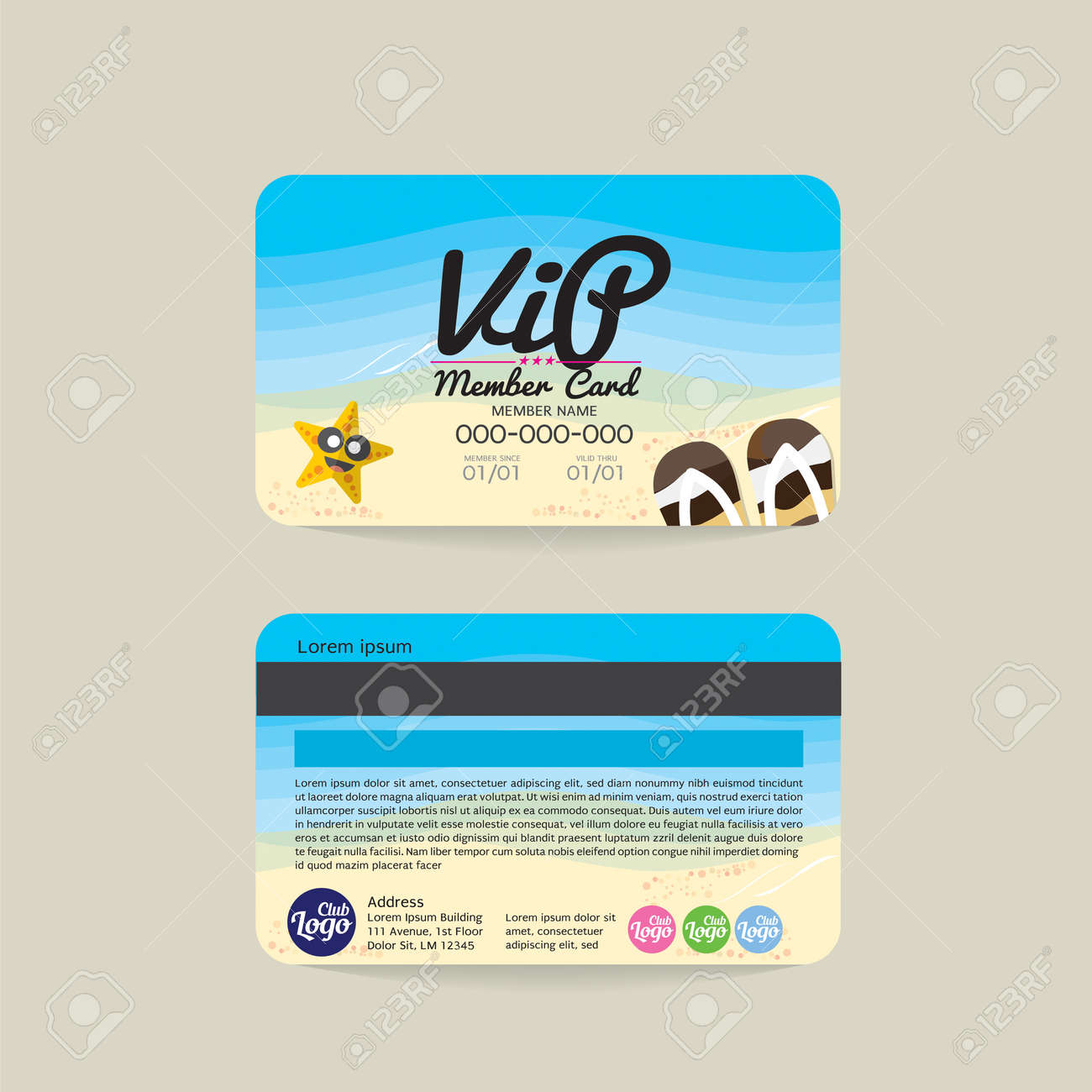 front and back vip member card template sea and beach concept membership card template