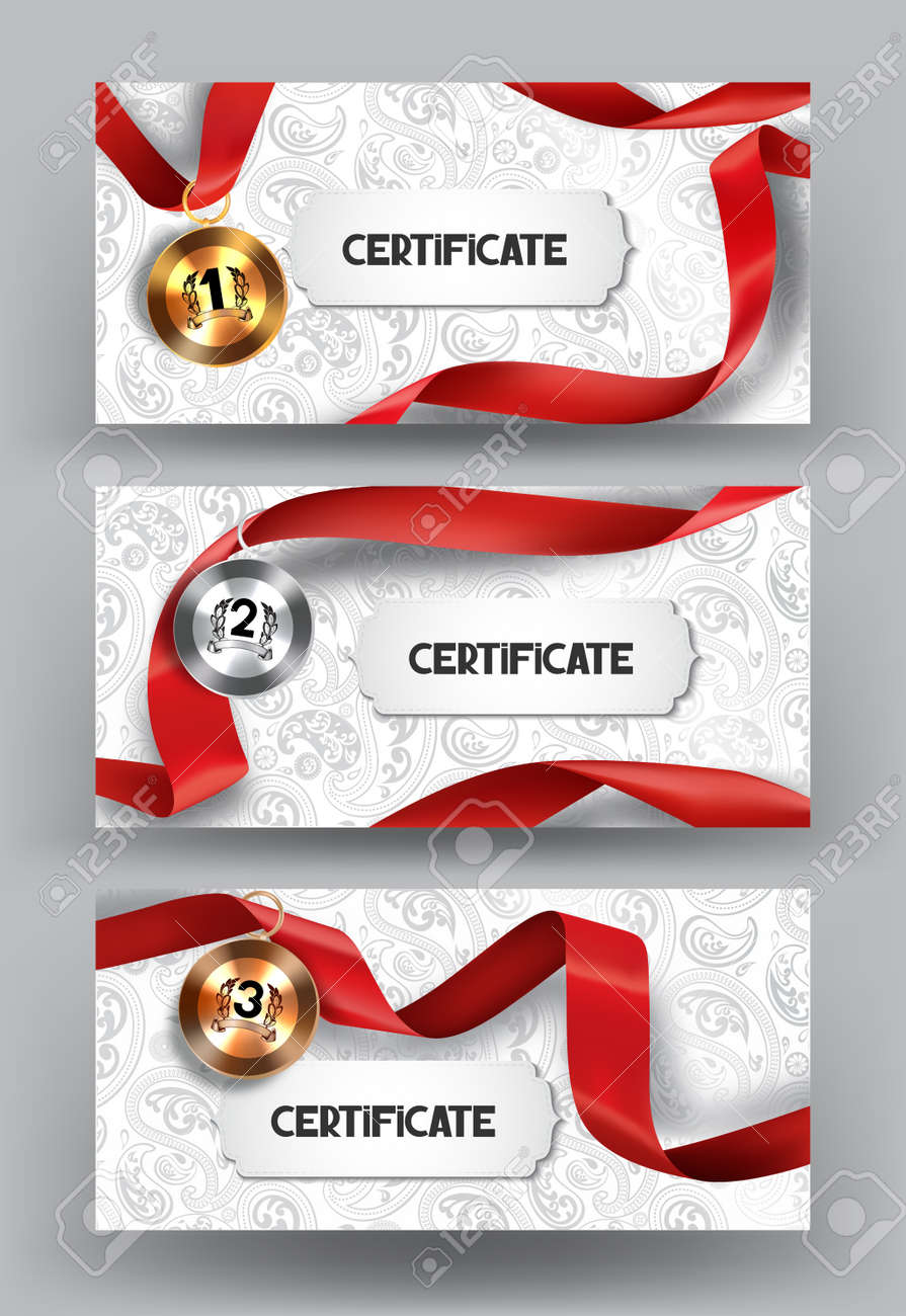 set of elegant certificates and medals with red silk ribbon on
